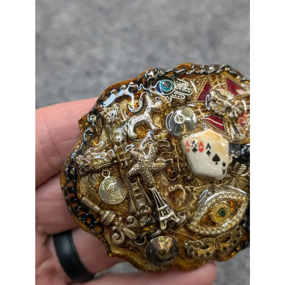 Vintage Artisan Belt Buckle Mixed Media Cross Eye Playing Cards Paris‎ Mask Rare